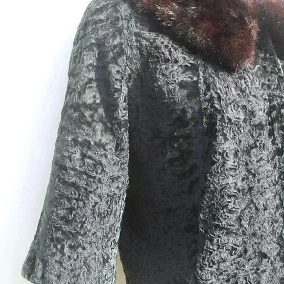 VTG RETRO 1970s Black Retro Swirl  Short Waisted Cocktail Fur Collar Coat Jacket - Picture 5 of 10